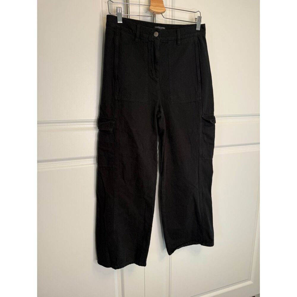 Eileen Fisher Petite Organic Cotton Cargo Pants PS Black Wide Leg Cropped